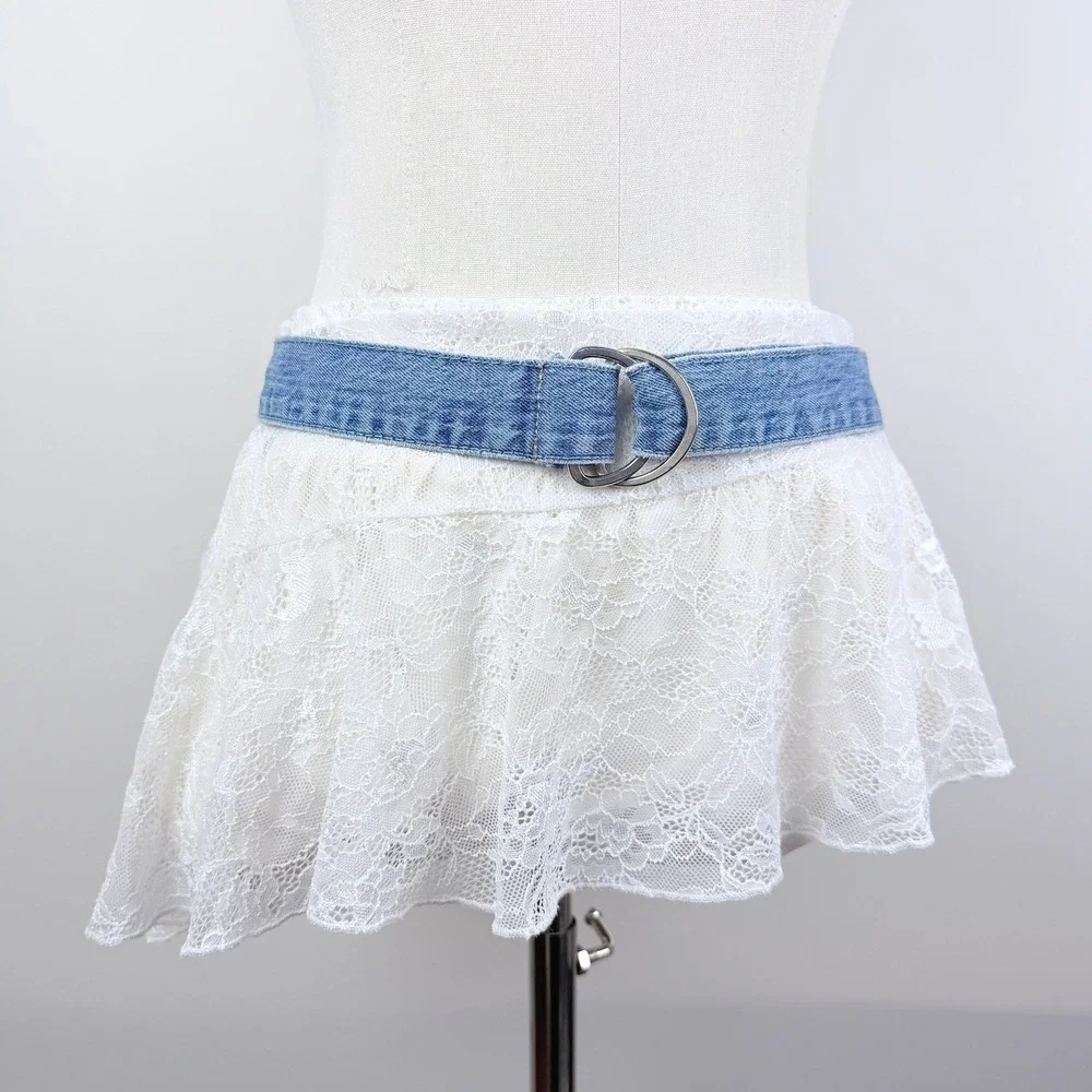 Y2K Denim Belt Womens S Blue Double Circle‎ Buckle Metal Vintage 41in